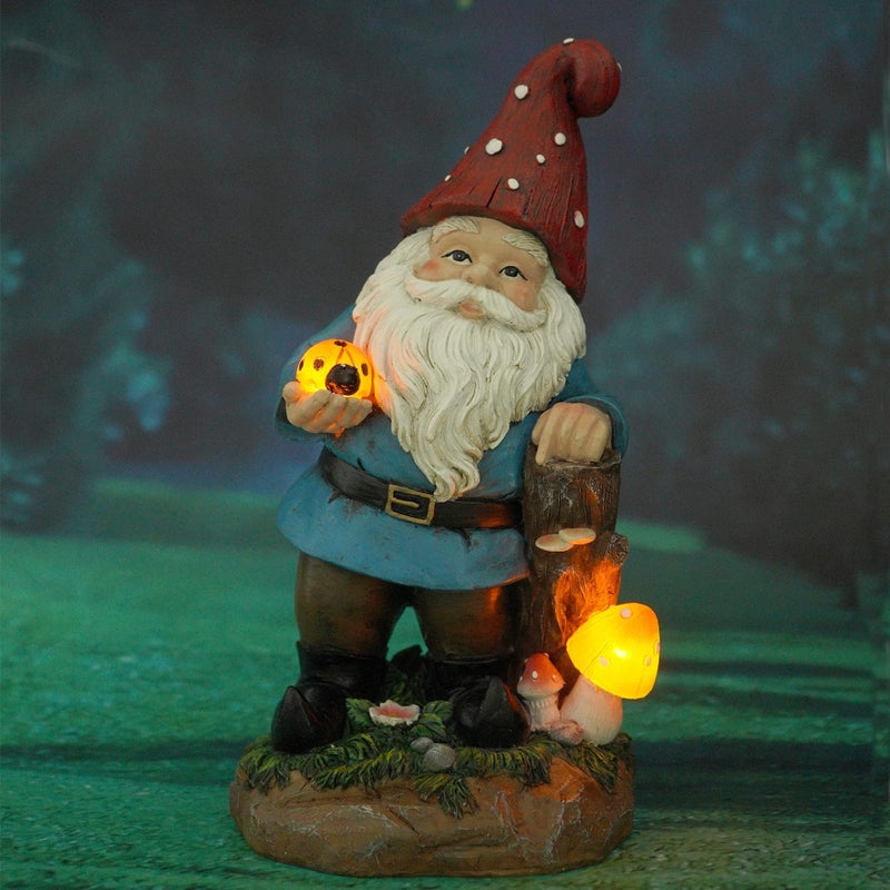 Topadorn Garden Gnome Statue LED Light Solar Energy Gnome Figurine with Ladybug on Hand Mushroom for House, Lawn Decor 11 Inch - Image 1